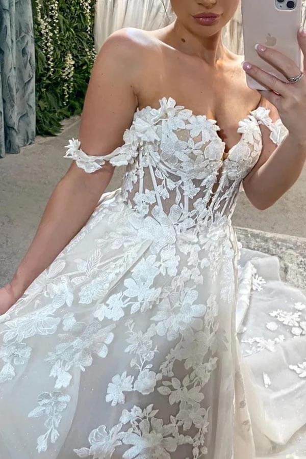 NumberSea A-Linien-Brautkleid aus Tüll mit Ausschnitt und freier Schulter und Spitzenapplikationen, MW1007