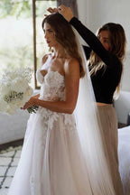 Vestido de novia bohemio NumberSea de tul, corte en A, escote corazón, sin mangas, con apliques de encaje, MW1026