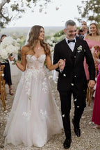 Vestido de novia bohemio NumberSea de tul, corte en A, escote corazón, sin mangas, con apliques de encaje, MW1026