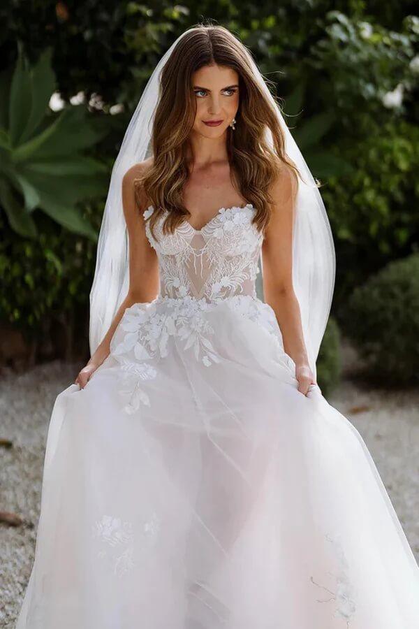 Vestido de novia bohemio NumberSea de tul, corte en A, escote corazón, sin mangas, con apliques de encaje, MW1026