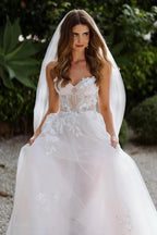 Vestido de novia bohemio NumberSea de tul, corte en A, escote corazón, sin mangas, con apliques de encaje, MW1026