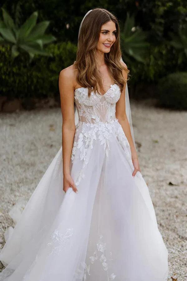 Vestido de novia bohemio NumberSea de tul, corte en A, escote corazón, sin mangas, con apliques de encaje, MW1026