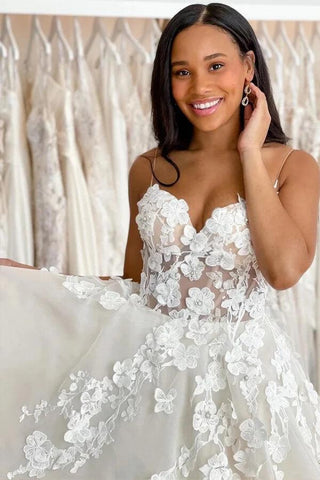 NumberSea Tulle A-line Sweetheart Spaghetti Straps Lace Wedding Dress, Bridal Gown, MW767