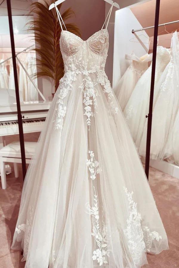 Vestido de novia NumberSea de tul, corte A, escote corazón, tirantes finos y apliques, MW948