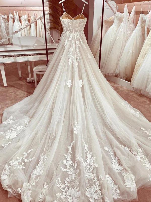 Vestido de novia NumberSea de tul, corte A, escote corazón, tirantes finos y apliques, MW948