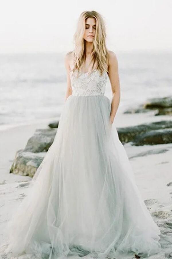 Vestido de novia bohemio, modesto, de tul, corte A, escote corazón y sin tirantes, de NumberSea, MW1027