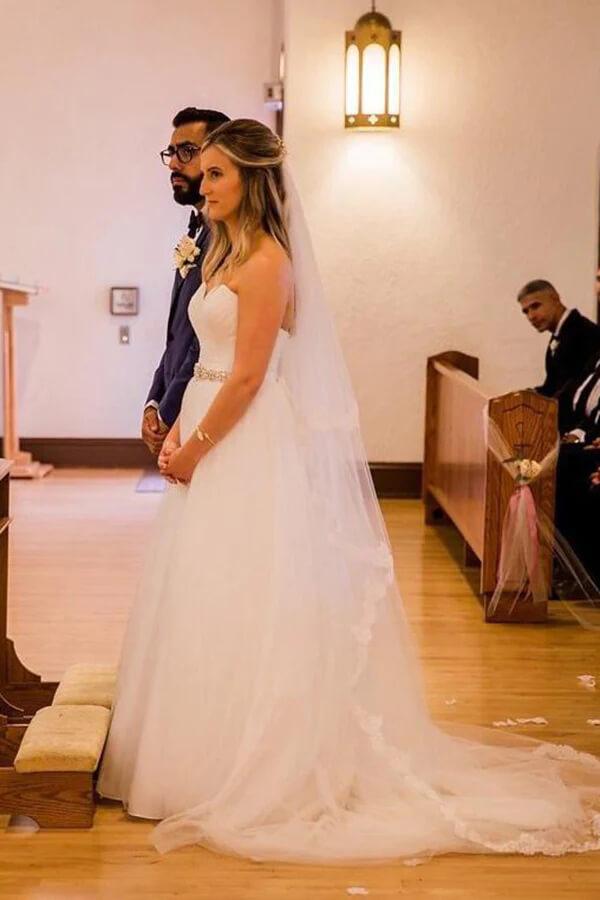 NumberSea Tulle A-line Sweetheart Wedding Dresses With Rhinestone, Bridal Gowns