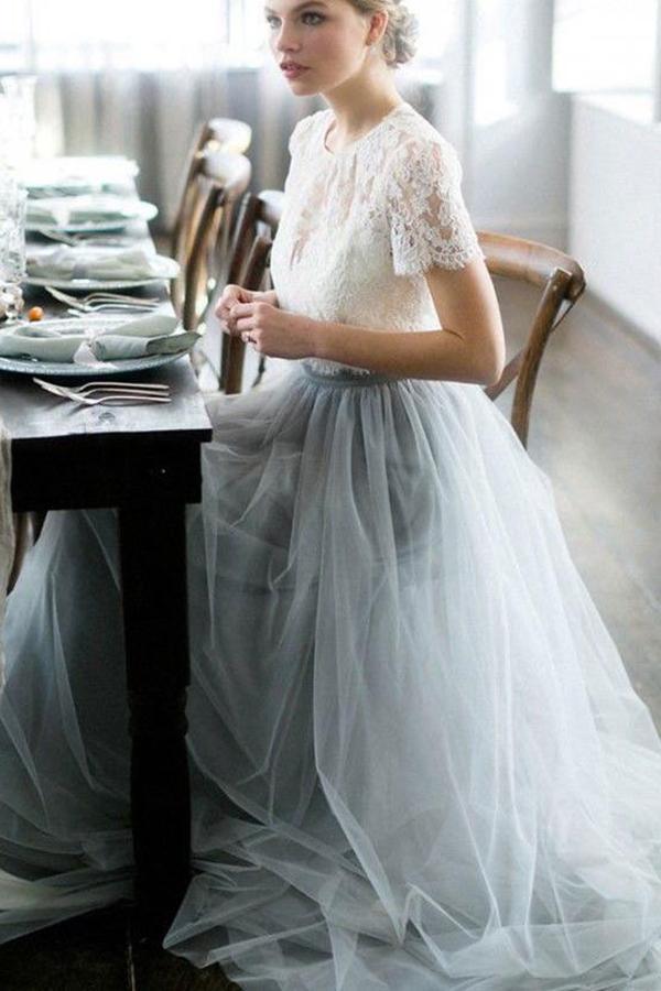 NumberSea Tulle A-line Two Piece Short Sleeves Wedding Dress With Sweep Train