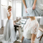 Vestido de novia de dos piezas de línea A de tul NumberSea de manga corta con cola