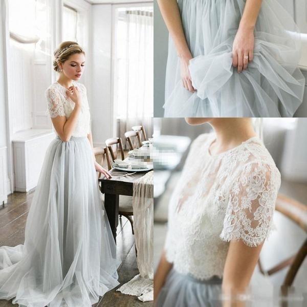 NumberSea Tulle A-line Two Piece Short Sleeves Wedding Dress With Sweep Train