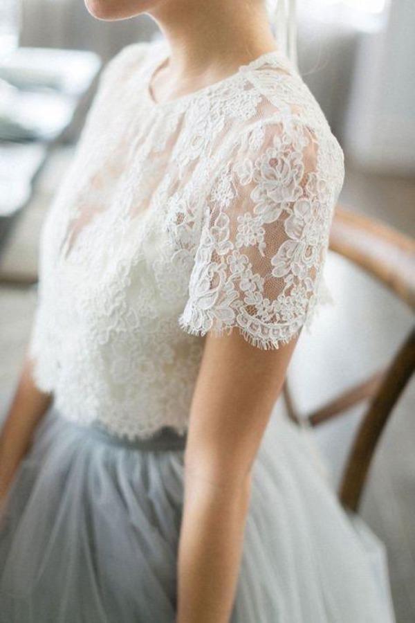 NumberSea Tulle A-line Two Piece Short Sleeves Wedding Dress With Sweep Train