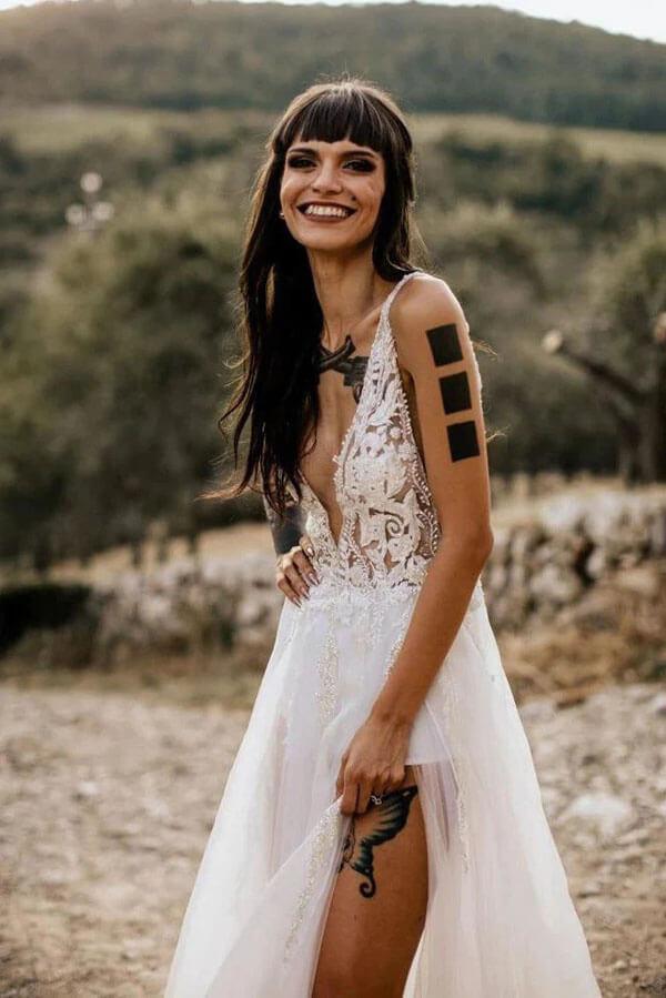 Vestido de novia de playa NumberSea de tul, corte A, escote en V, transparente, abertura en el muslo, MW982
