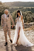 Vestido de novia de playa NumberSea de tul, corte A, escote en V, transparente, abertura en el muslo, MW982
