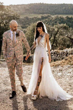 Vestido de novia de playa NumberSea de tul, corte A, escote en V, transparente, abertura en el muslo, MW982