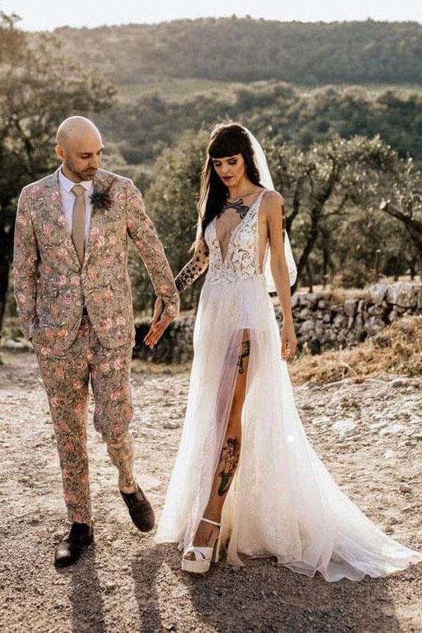 Vestido de novia de playa NumberSea de tul, corte A, escote en V, transparente, abertura en el muslo, MW982