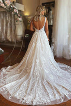 NumberSea Tüll A-Linie V-Ausschnitt Rückenfreies Boho Brautkleid mit Spitzenapplikationen, MW901