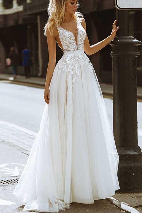 Vestido de novia NumberSea de tul, corte A, escote en V, espalda descubierta y apliques de encaje, MW791