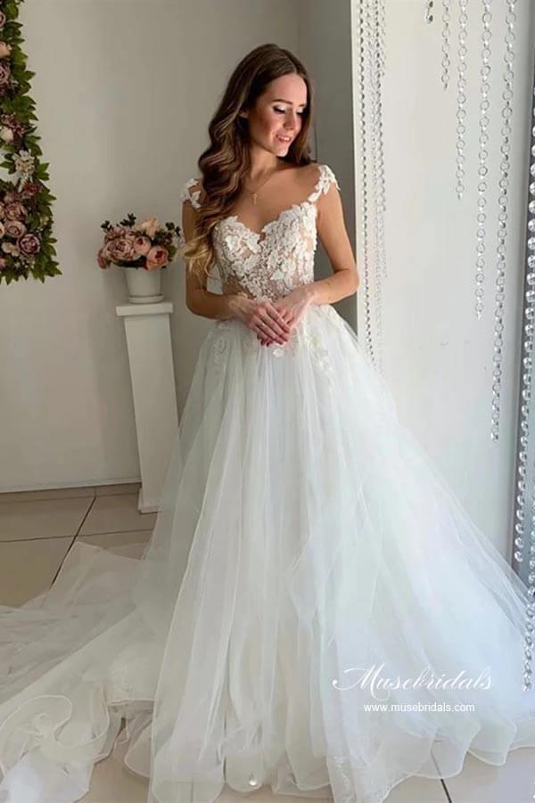 Vestido de novia NumberSea de tul, corte A, escote en V, mangas cortas y apliques de encaje, MW945