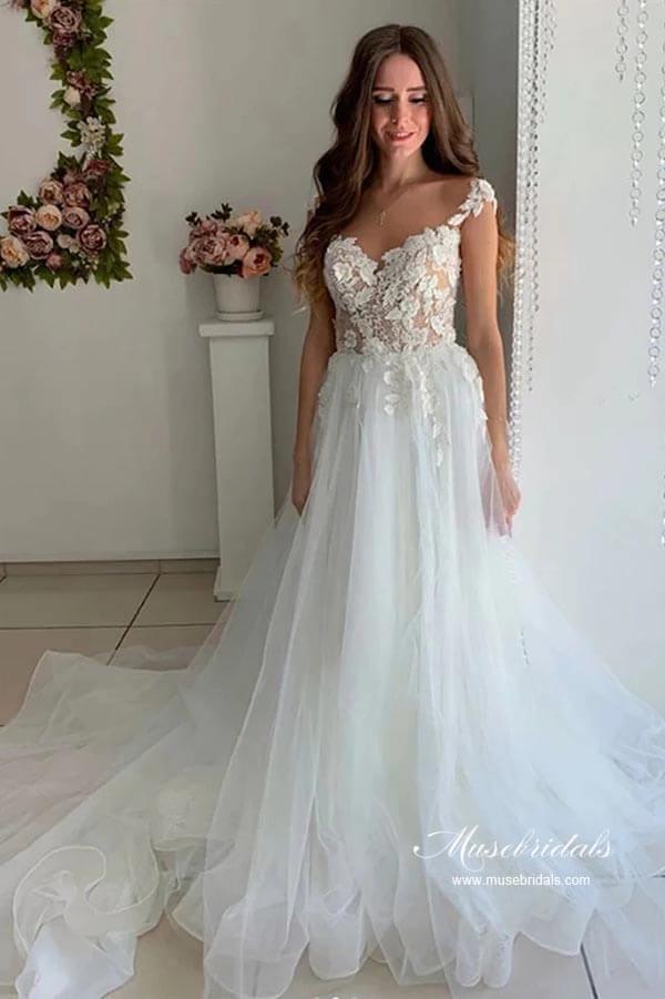 Vestido de novia NumberSea de tul, corte A, escote en V, mangas cortas y apliques de encaje, MW945