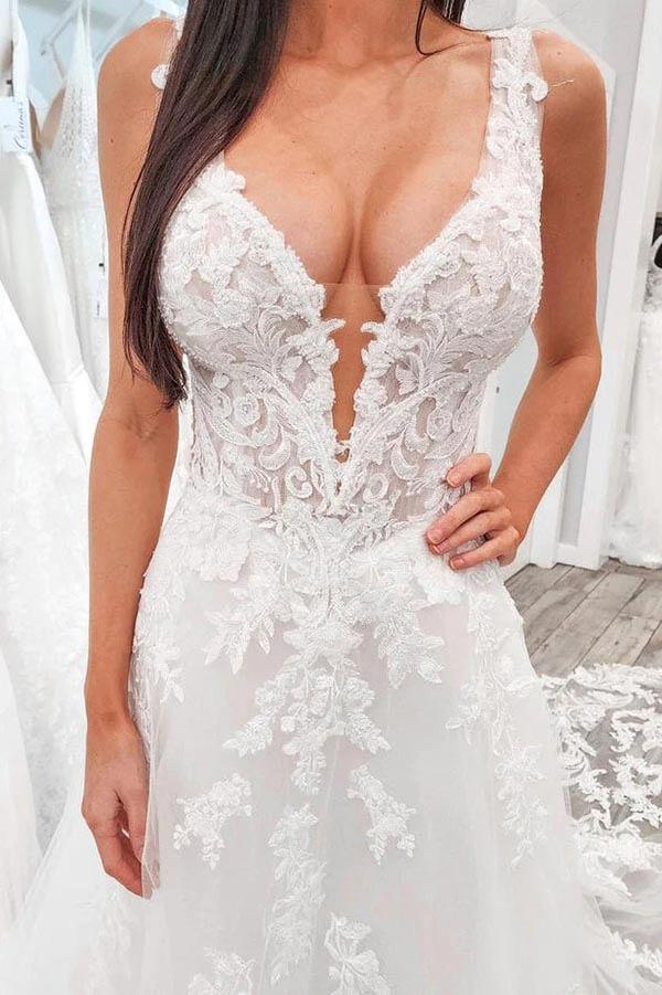 Vestido de novia NumberSea de tul, corte A, escote en V, apliques de encaje y cola capilla, MW888