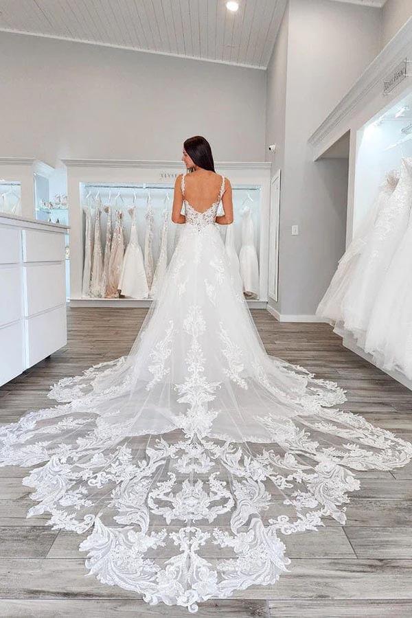 Vestido de novia NumberSea de tul, corte A, escote en V, apliques de encaje y cola capilla, MW888