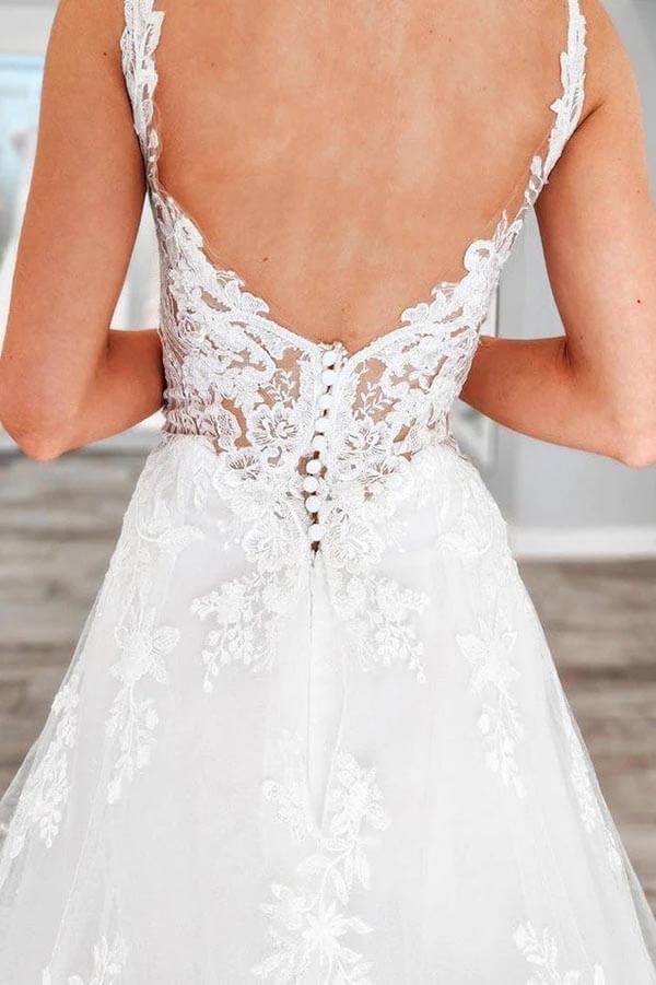 Vestido de novia NumberSea de tul, corte A, escote en V, apliques de encaje y cola capilla, MW888