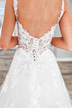 Vestido de novia NumberSea de tul, corte A, escote en V, apliques de encaje y cola capilla, MW888