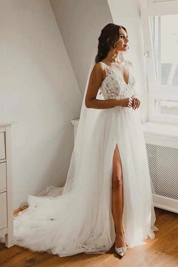 Vestido de novia NumberSea de tul, corte A, escote en V, encaje y abertura lateral, MW808