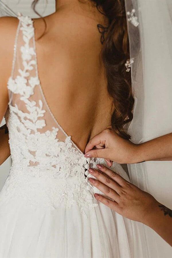 Vestido de novia NumberSea de tul, corte A, escote en V, encaje y abertura lateral, MW808