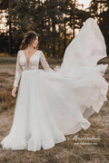 NumberSea Tulle A-line V-neck Long Sleeves Wedding Dresses With Lace Appliques