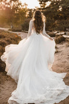 NumberSea Tulle A-line V-neck Long Sleeves Wedding Dresses With Lace Appliques
