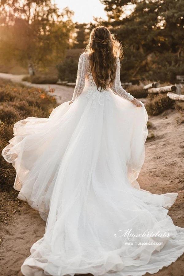 Vestido de novia NumberSea de tul, corte A, escote en V, manga larga y apliques de encaje, MW920