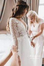 NumberSea Tulle A-line V-neck Long Sleeves Wedding Dresses With Lace Appliques