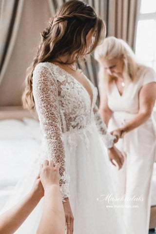 Vestido de novia NumberSea de tul, corte A, escote en V, manga larga y apliques de encaje, MW920