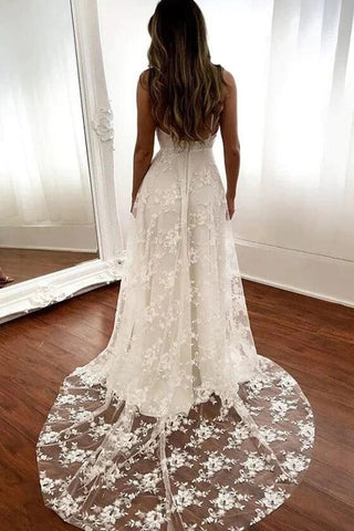 NumberSea Tulle A-line V-neck Open Back Spaghetti Straps Wedding Dresses With Slit, MW886