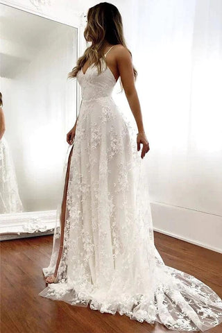 NumberSea Tulle A-line V-neck Open Back Spaghetti Straps Wedding Dresses With Slit, MW886