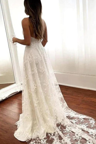 NumberSea Tulle A-line V-neck Open Back Spaghetti Straps Wedding Dresses With Slit, MW886