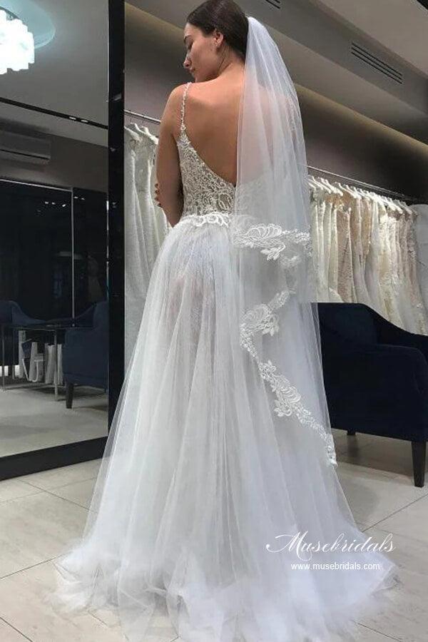 Vestido de novia NumberSea de tul, corte A, escote en V, tirantes finos, espalda descubierta y encaje, MW998