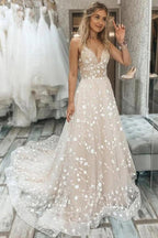 NumberSea Tulle A-line V-neck Spaghetti Straps Lace Appliques Wedding Dresses