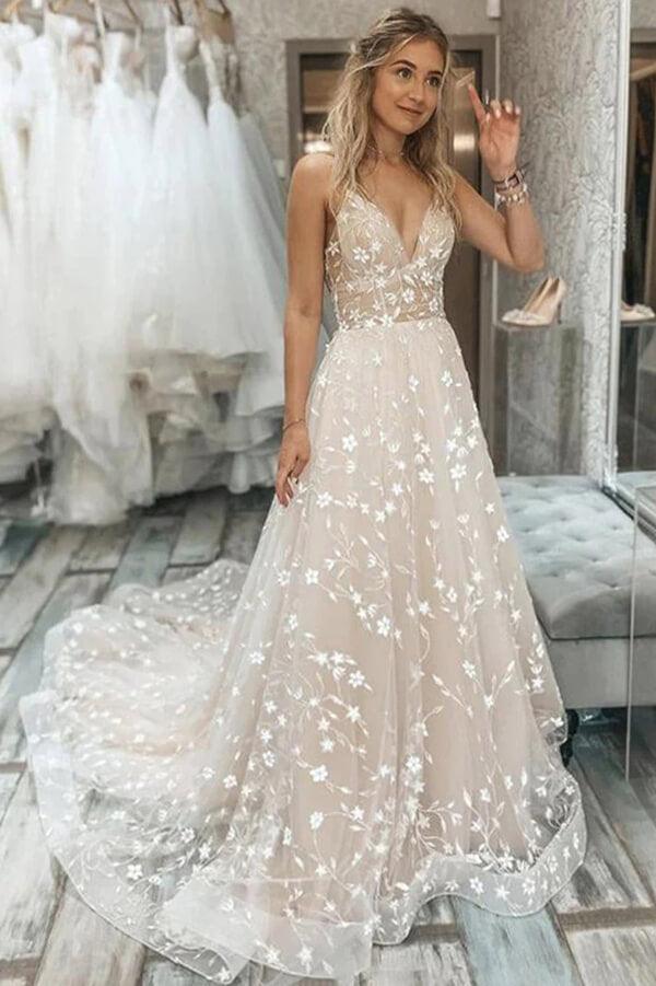 NumberSea Tulle A-line V-neck Spaghetti Straps Lace Appliques Wedding Dresses