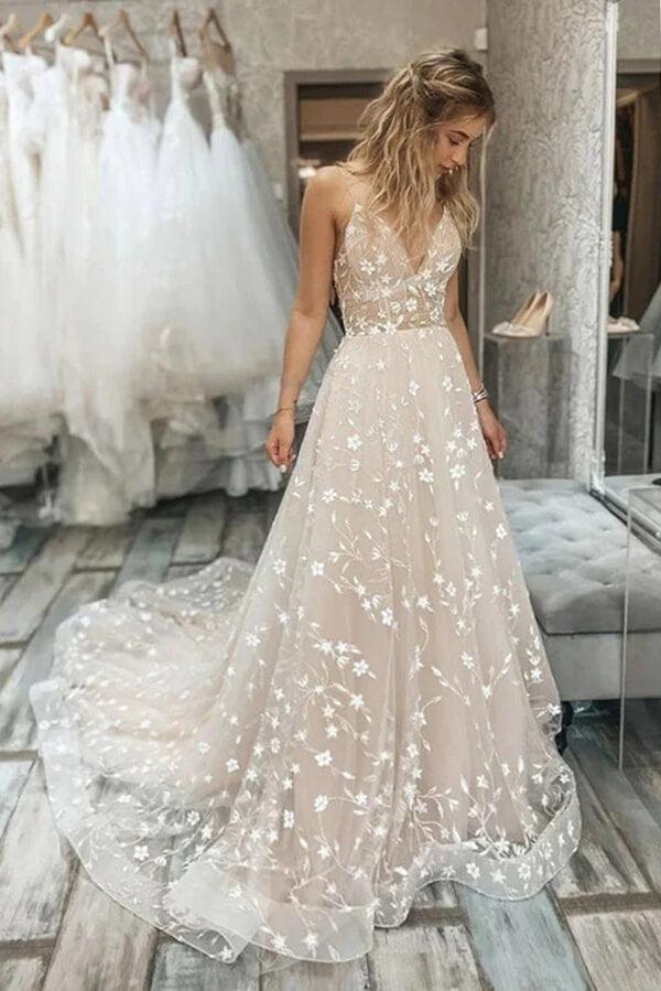 NumberSea Tulle A-line V-neck Spaghetti Straps Lace Appliques Wedding Dresses