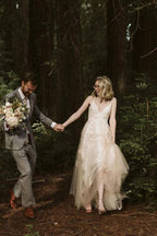 Vestido de novia NumberSea de tul, corte A, escote en V, tirantes finos, apliques de encaje, MW983