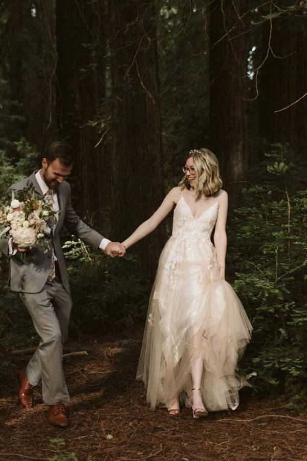 Vestido de novia NumberSea de tul, corte A, escote en V, tirantes finos, apliques de encaje, MW983