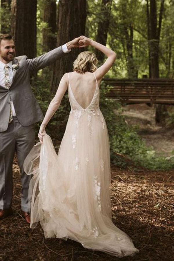 Vestido de novia NumberSea de tul, corte A, escote en V, tirantes finos, apliques de encaje, MW983