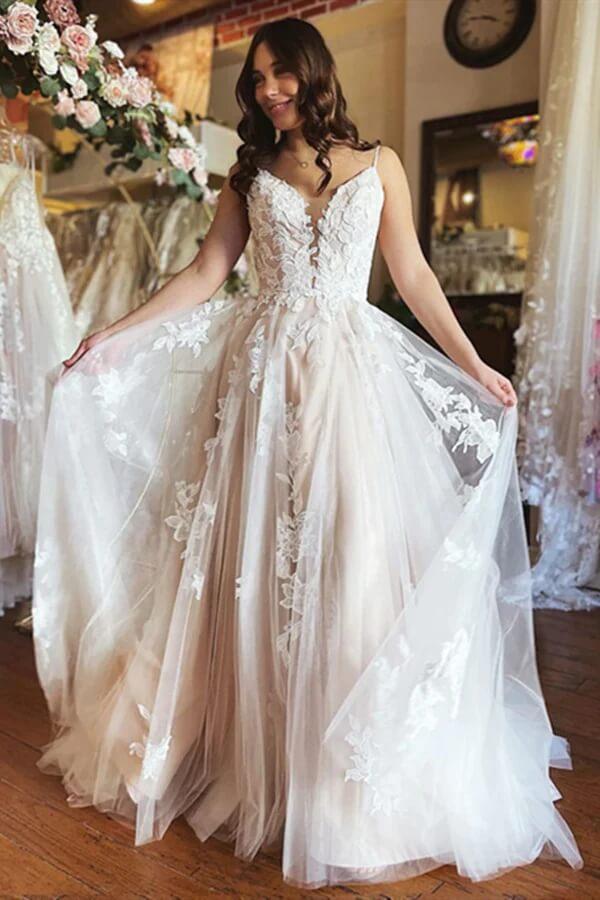 Vestido de novia NumberSea de tul, corte A, escote en V, tirantes finos y apliques de encaje, MW759