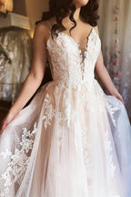 Vestido de novia NumberSea de tul, corte A, escote en V, tirantes finos y apliques de encaje, MW759
