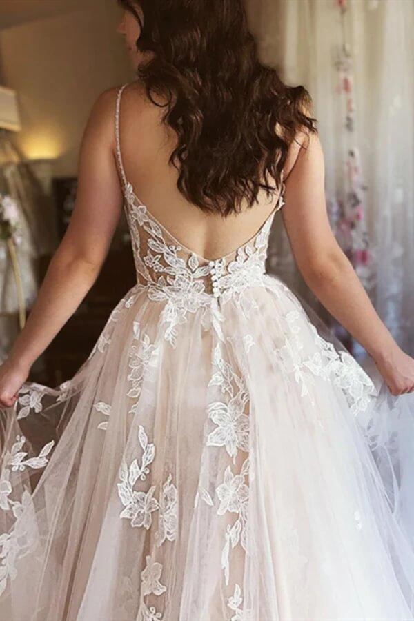 Vestido de novia NumberSea de tul, corte A, escote en V, tirantes finos y apliques de encaje, MW759