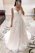 Vestido de novia NumberSea de tul, corte A, escote en V, cola larga y apliques de encaje, MW969