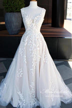 Vestido de novia NumberSea de tul, corte A, escote en V, cola larga y apliques de encaje, MW969