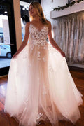 NumberSea Tulle A-line V-neck Wedding Dress With Lace Appliques, Wedding Gown